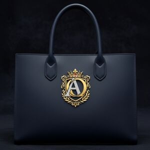 Elegant Navy Blue Handbag with Gold Emblem